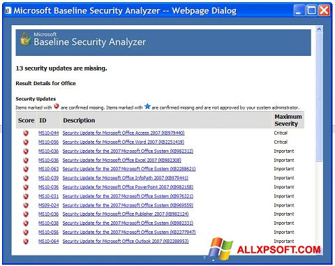 Screenshot Microsoft Baseline Security Analyzer Windows XP