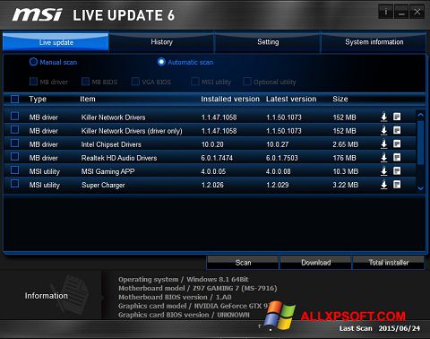 Screenshot MSI Live Update Windows XP