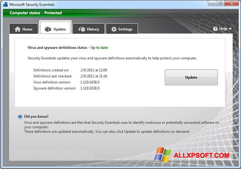 Screenshot Microsoft Security Essentials Windows XP